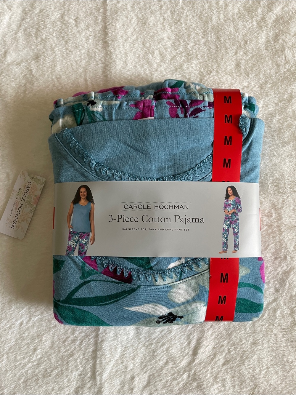 Carole Hochman Ladies Floral 3-Piece Cotton Pajama Set - Teal & Pink SZ M
